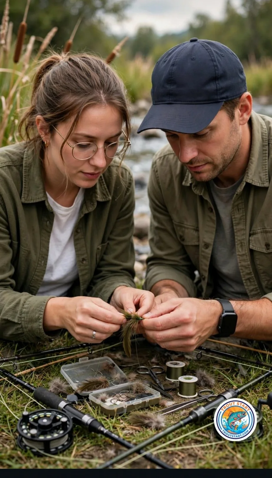 A couple tying trout flies at the vise — match-the-hatch fly sizing cheat sheet, Trout Start